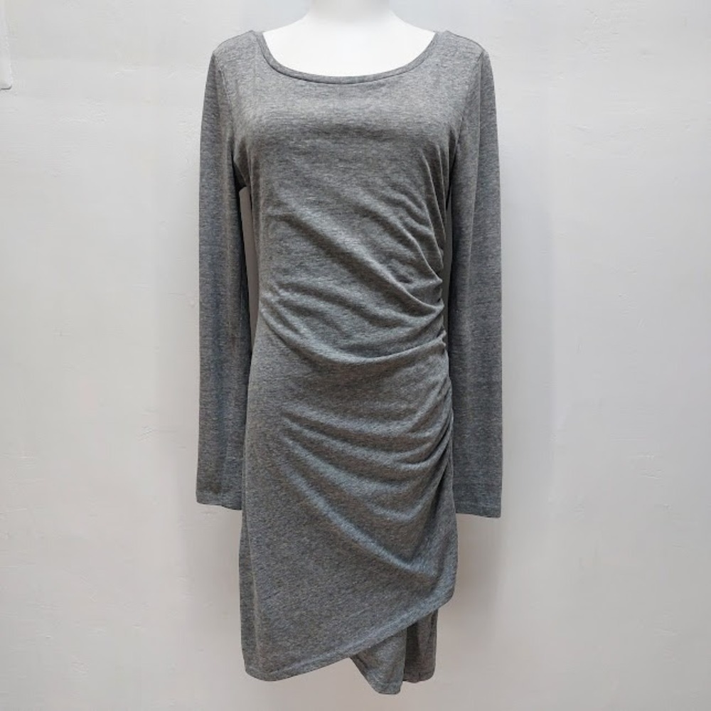 Leith Ruched Long Sleeve Bodycon Dress Women's‎ Medium Gray Scoop Neck Tulip Hem